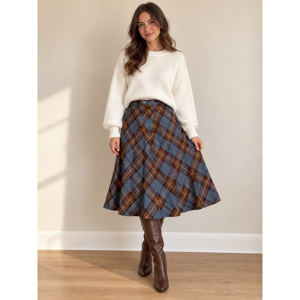 Vintage Plaid Wool Midi Skirt